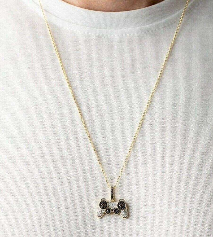 Round Simulated Diamond Stunning Gaming Remote Pendant In 14K Yellow Gold Plated