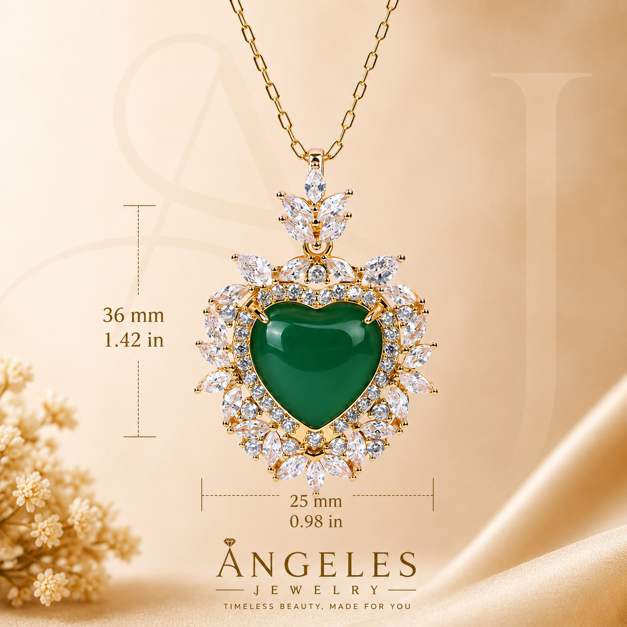 Green Jade Crystal Heart Pendant Necklace Charm 18K Gold Plated Chain Gemstone