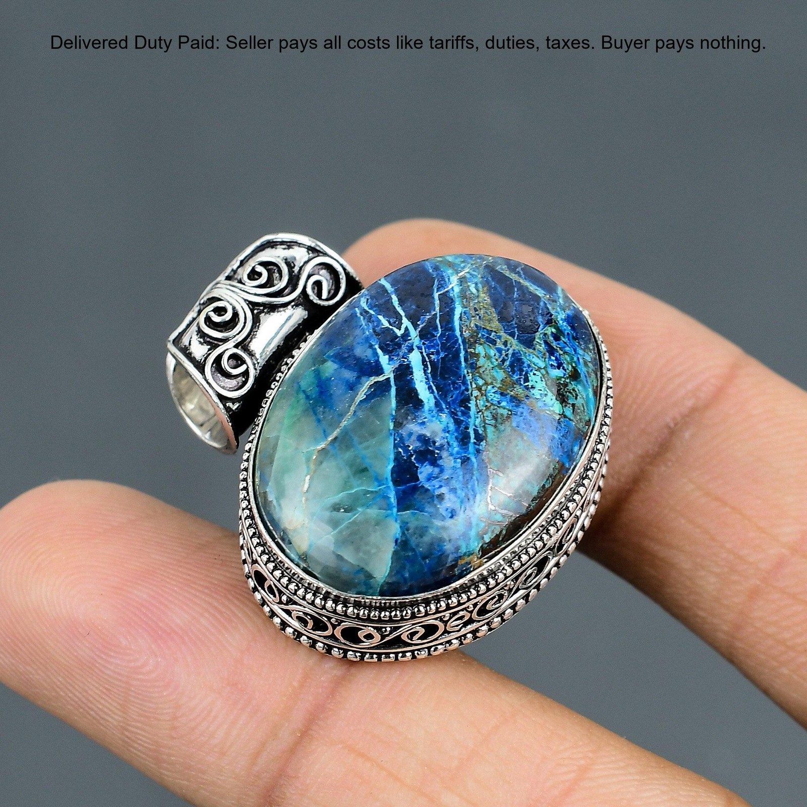 925 Sterling Silver Azurite Malachite Gemstone Unique Vintage Engagement Pendant