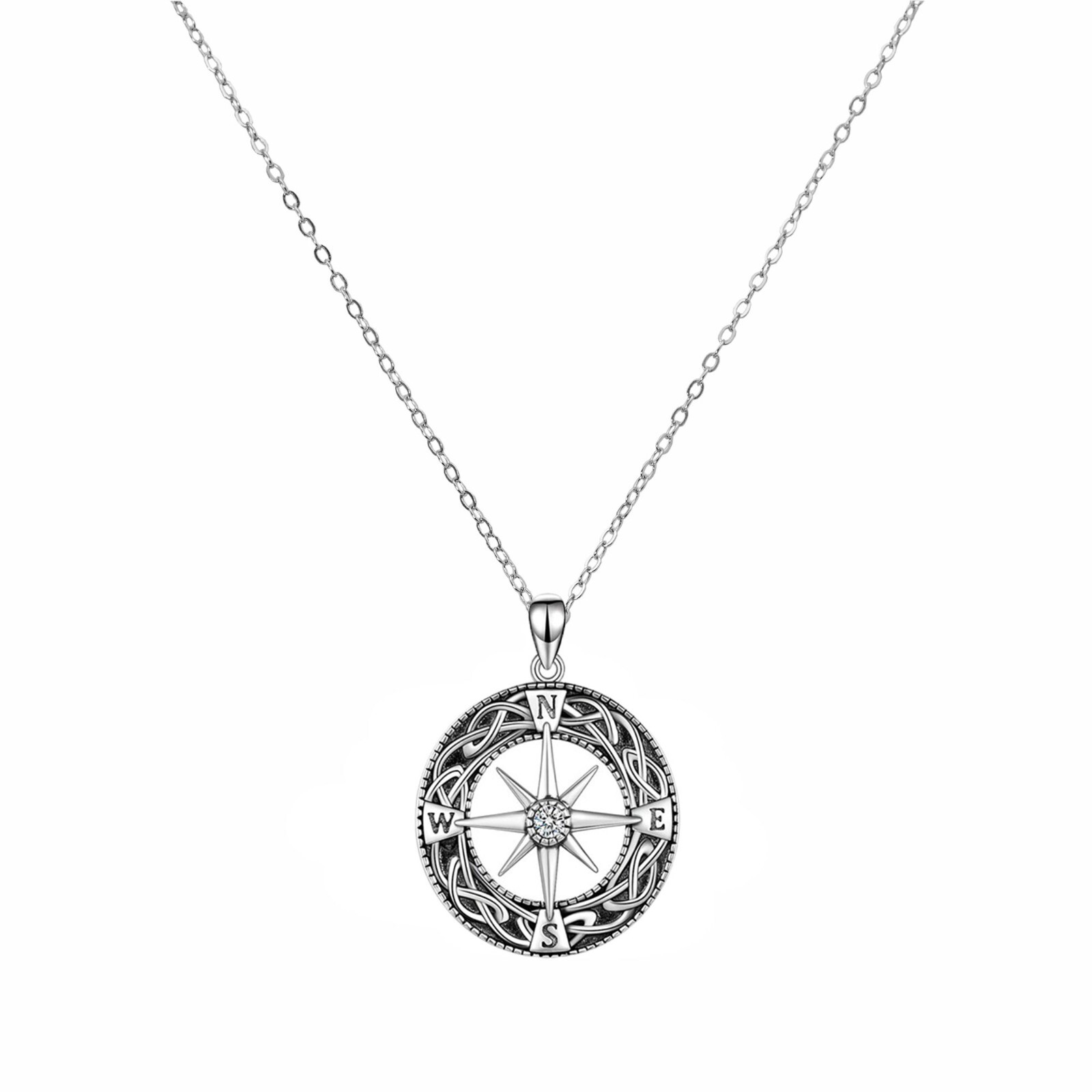 Cable Chain Necklace Pendant Compass Zircon 925 Sterling Silver Lady/Mr