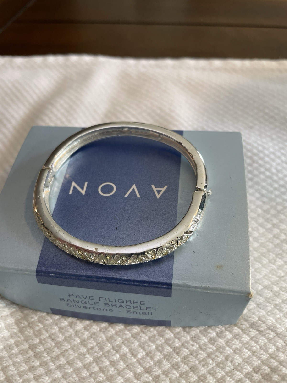 Avon Vintage 2002 Pave Filigree Bangle Bracelet – Silvertone – Small