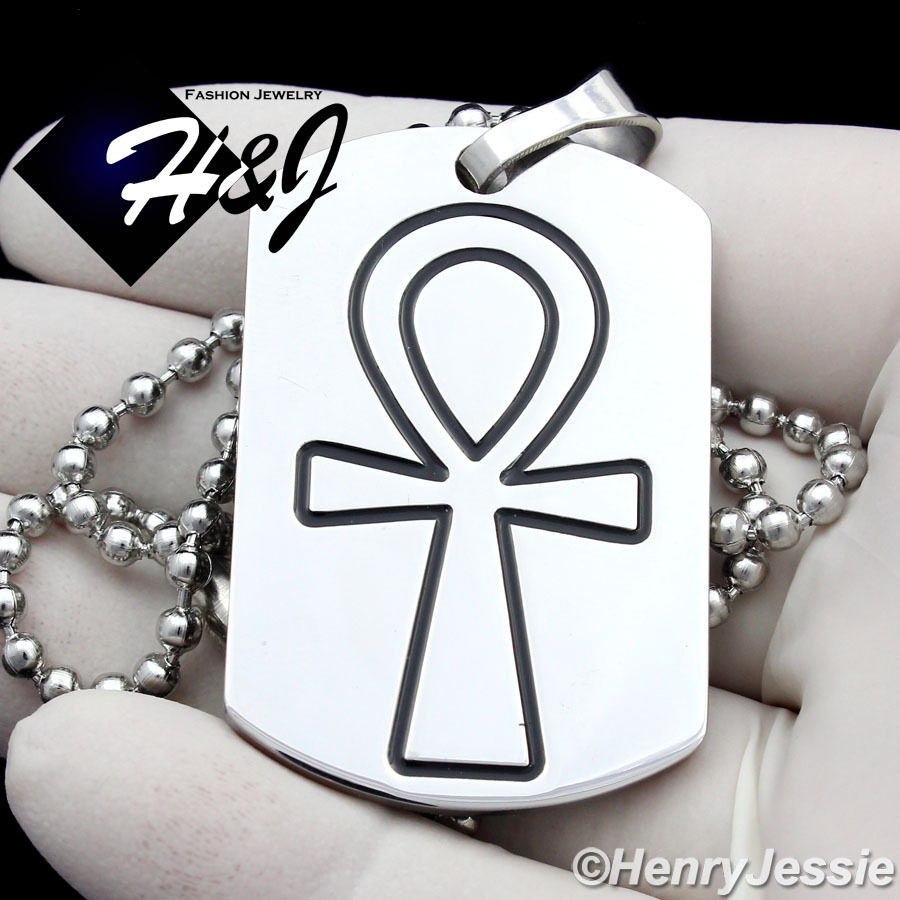 30″MEN Stainless Steel 2.5mm Silver Bead Black Plated Chain Ankh Key Pendant*P94