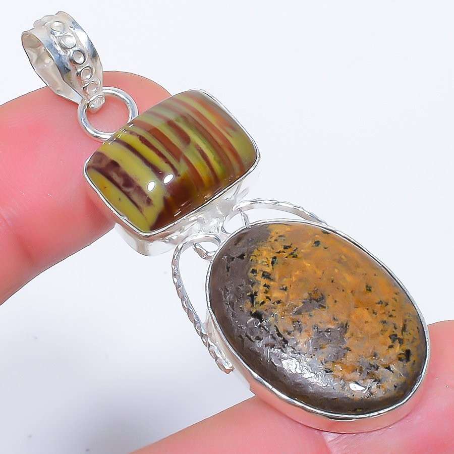 Natural Bronzite Jasper, Polychrome Jasper 925 Silver Plated Pendant 2.2″ T290