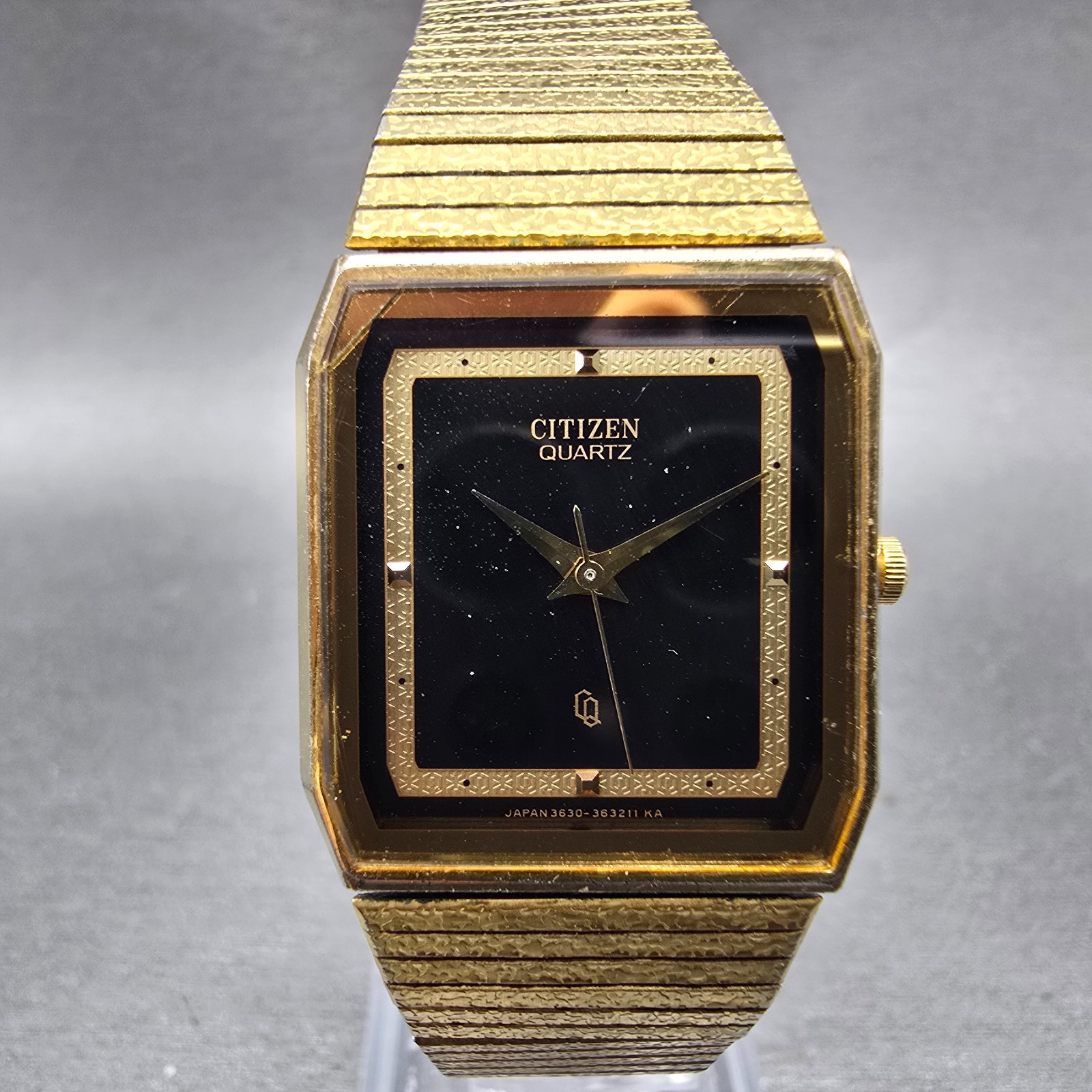 Citizen CQ Tank Watch Men 25mm Black Dial Gold Tone 3630-361679 New Battery VTG