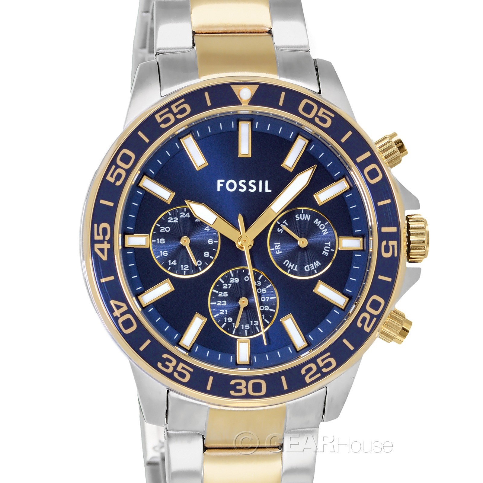 FOSSIL Bannon Mens Two-Tone Watch, Blue Dial, Silver Gold Stainless Steel Band