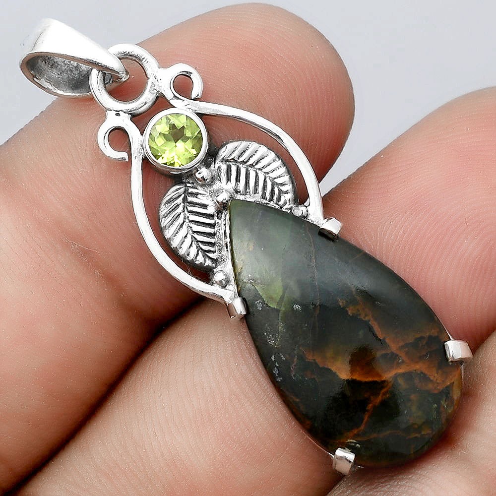Turkish Rainforest Chrysocolla and Peridot 925 Silver Pendant Jewelry P-1434