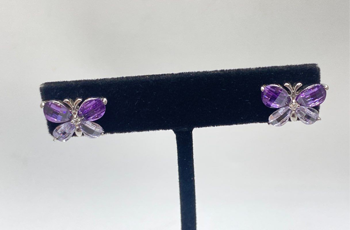 Sterling Silver 925 Purple Clear Crystal Butterfly Necklace Earrings Set 18″