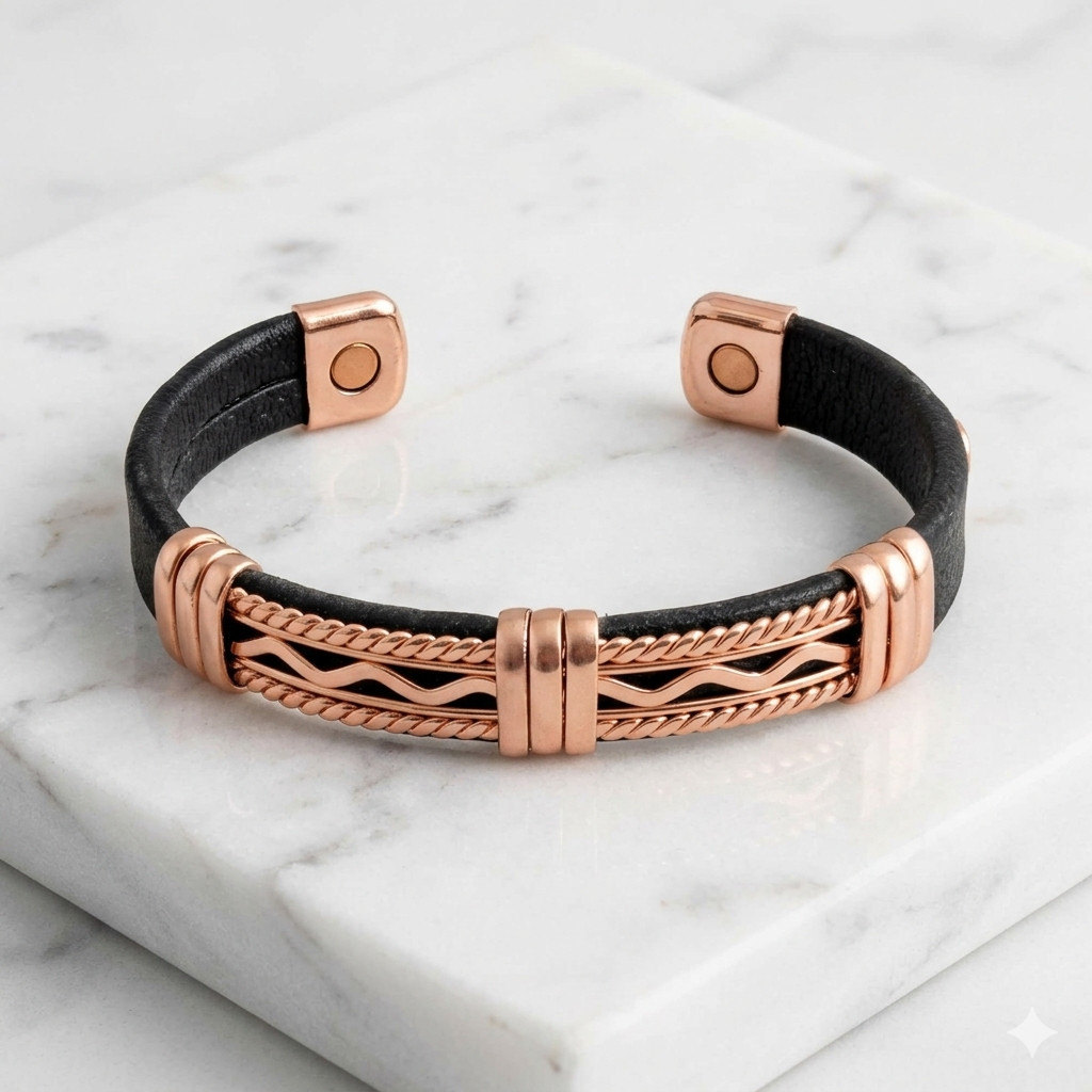 Solid Copper Leather Wrapped Magnetic Bracelet Arthritis Pain Therapy Cuff V