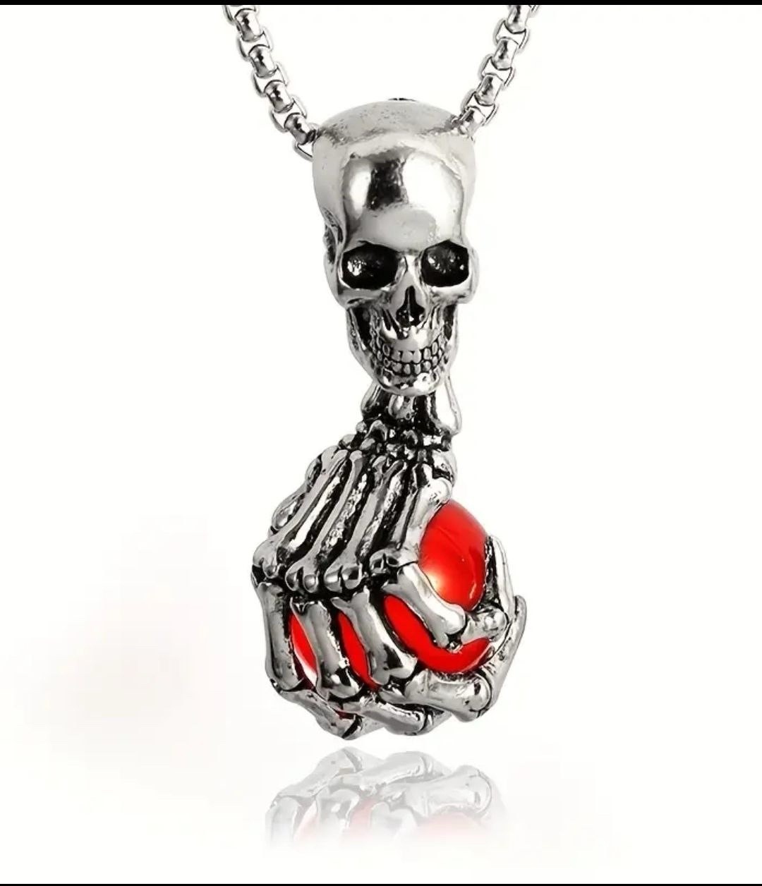 Skeleton Hand Skull Pendant Necklace with Red Orb, Silver Ball Chain Gothic