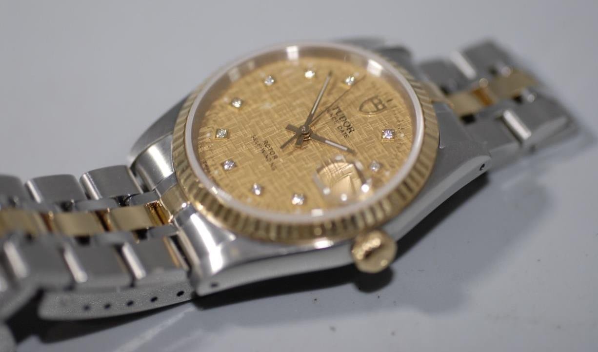 Tudor Prince Date 18K Solid Gold Bezel & Links w Diamond Linen Dial 74033 Ex++!