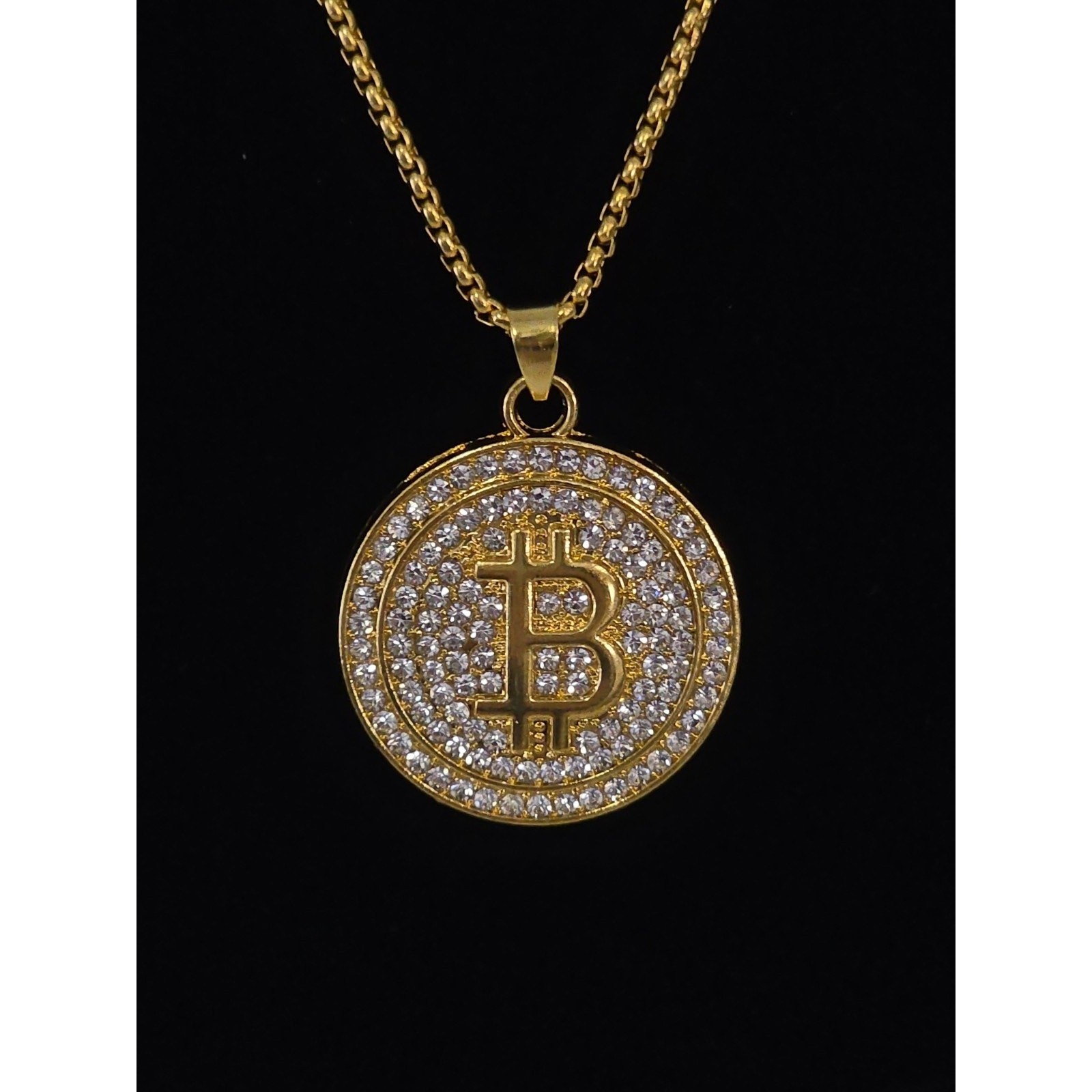 Fashion Jewelry Pendant Necklace Gold Tone Bitcoin Crypto Sparkly Rhinestones