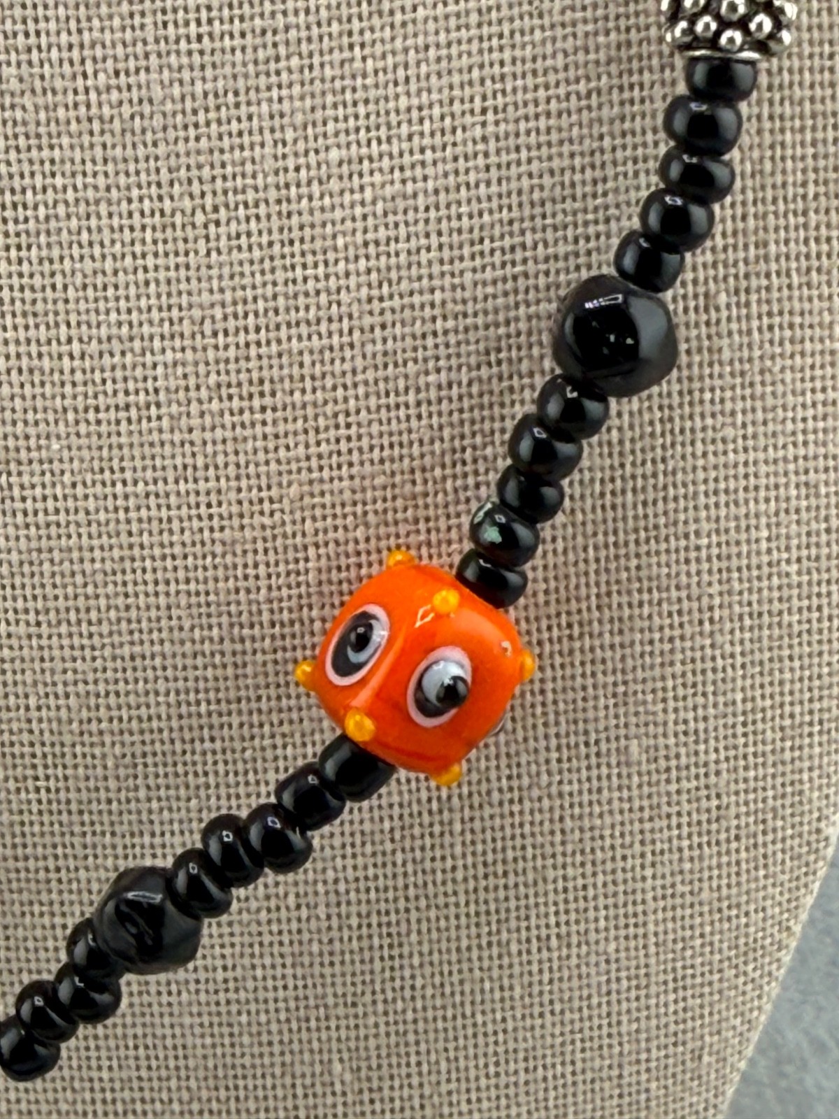 Vintage Glass Beaded Necklace Black Blue Orange Green 20”