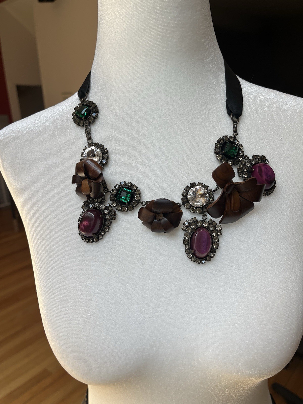 Marni Statement– Crystal, Resin & Satin Ribbon Tie Necklace Rare Barney’s