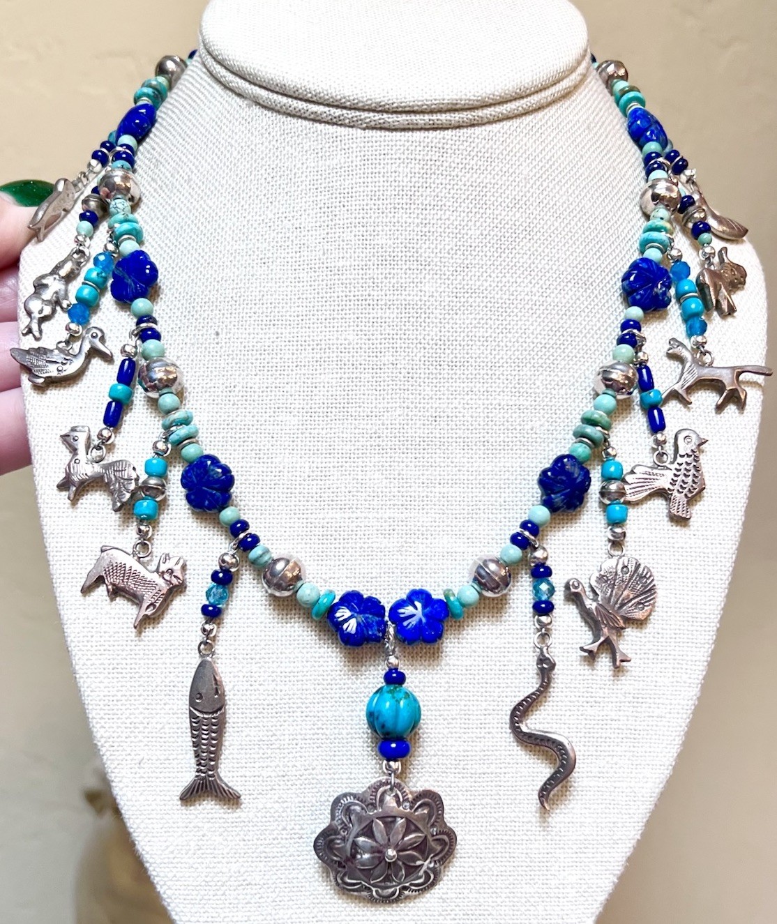LOVELY Southwest Artisan Sterling Silver Turquoise, Lapis Milagro Charm Necklace