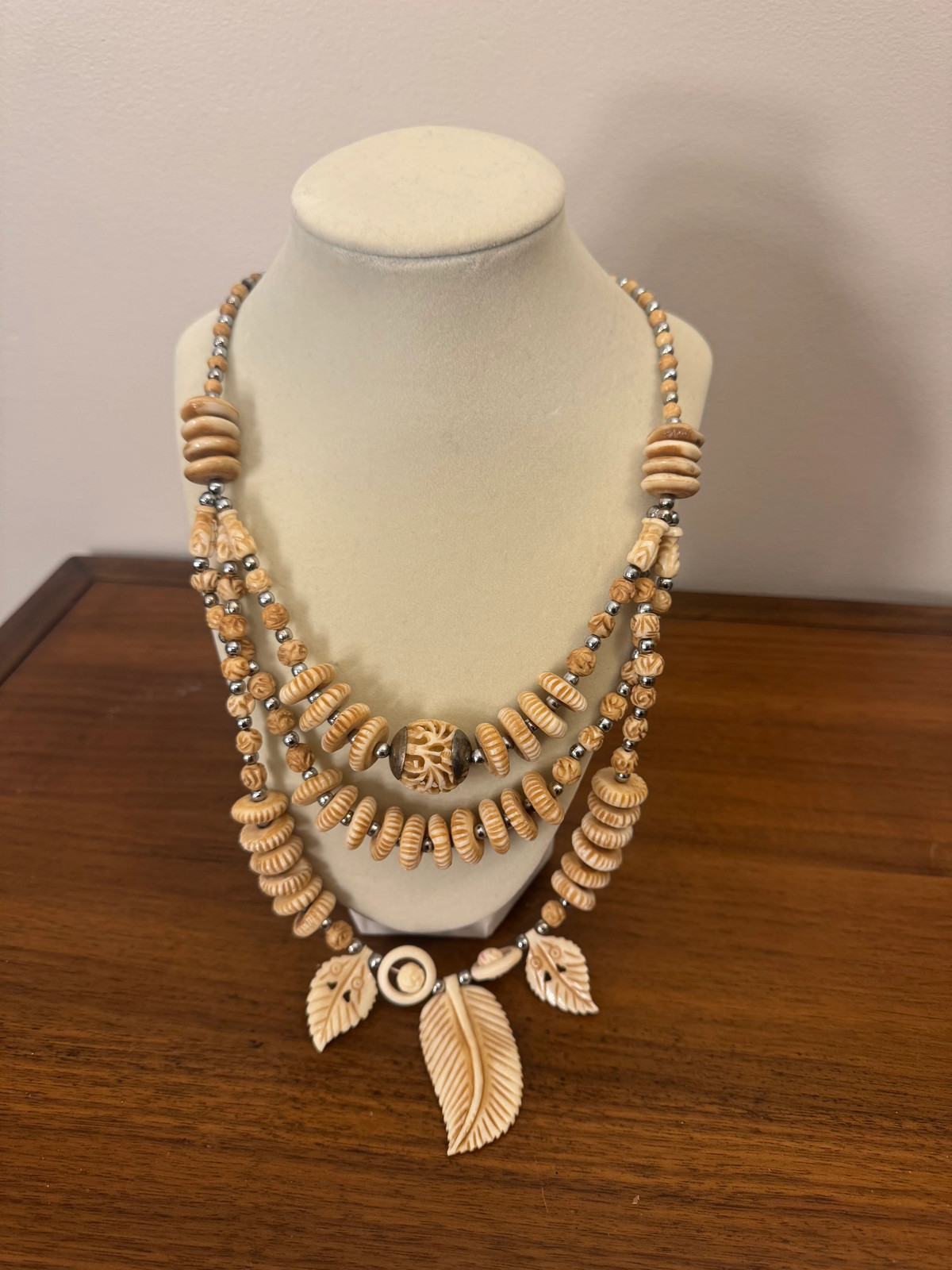 Vintage Multi Strand Carved Bone Necklace