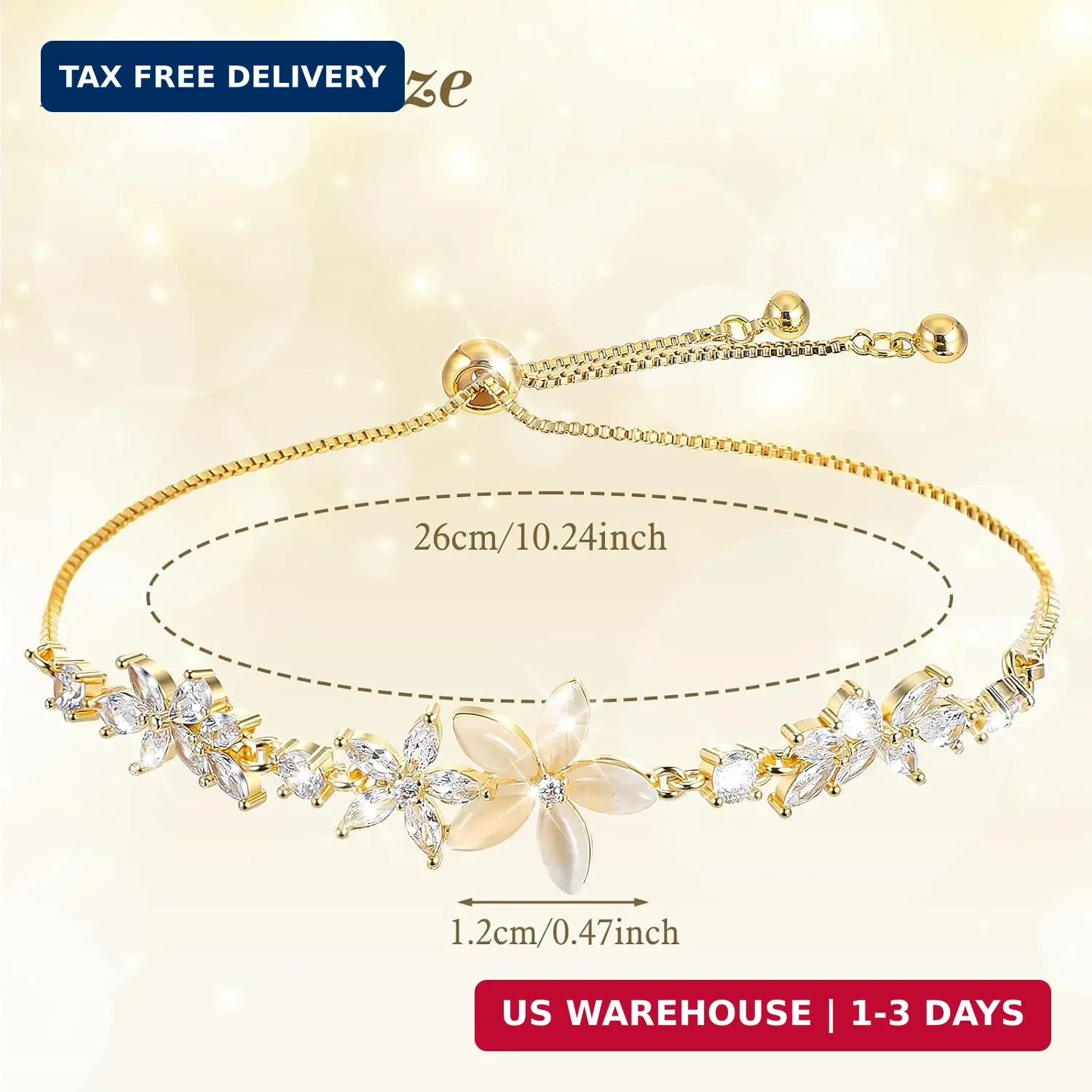 Gold Adjustable Bracelets for Women,Dainty Flower Bracelet Rhinestone Slider Flo