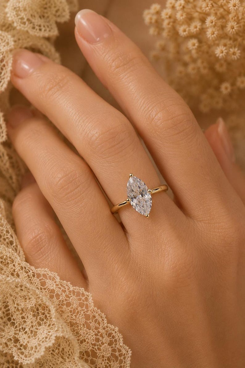 2.0 CT Marquise Cut Moissanite Solitaire 14K Gold Plated Engagement Ring