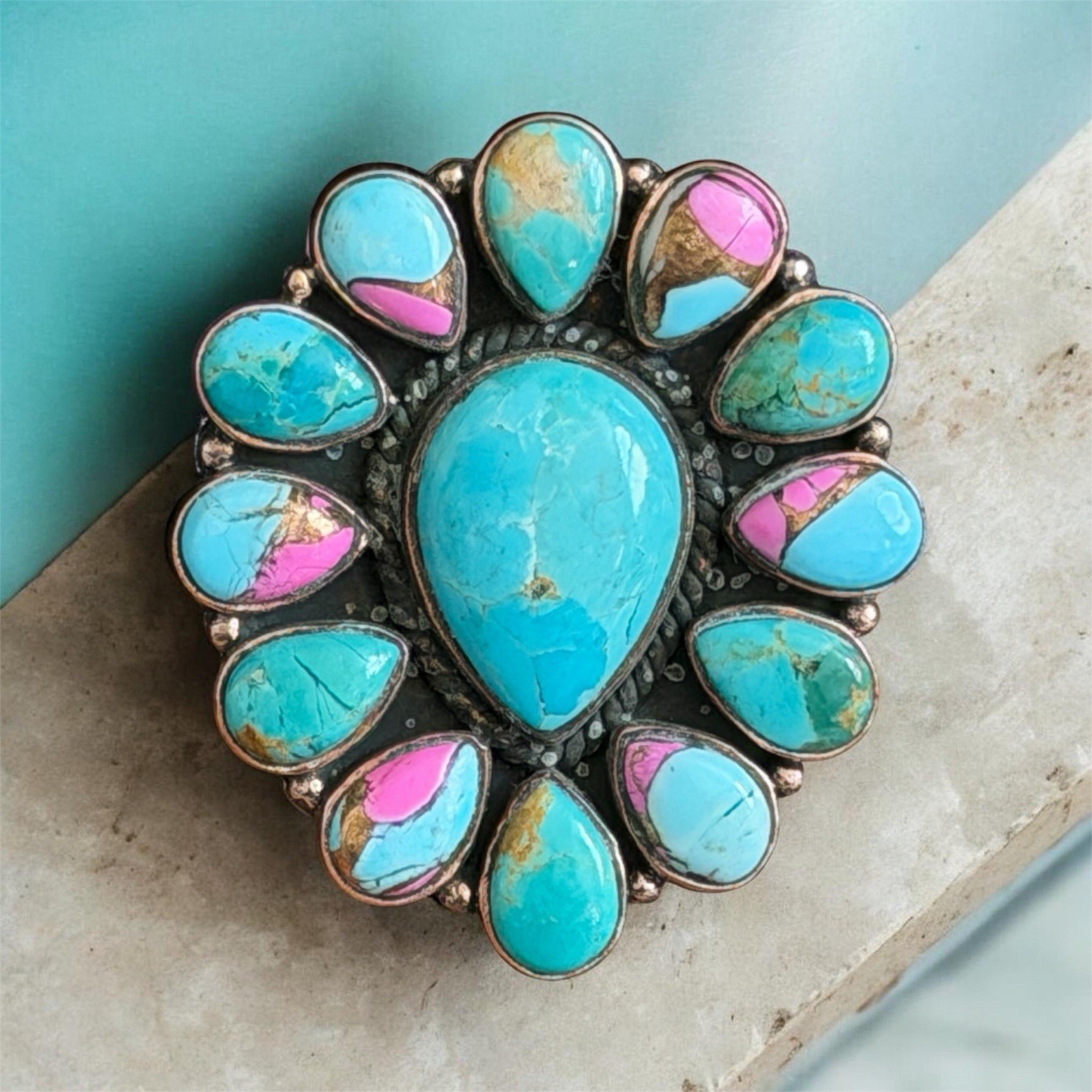Cotton Candy Dahlia Turquoise Statement Ring Copper Adjustable 8-14 USA