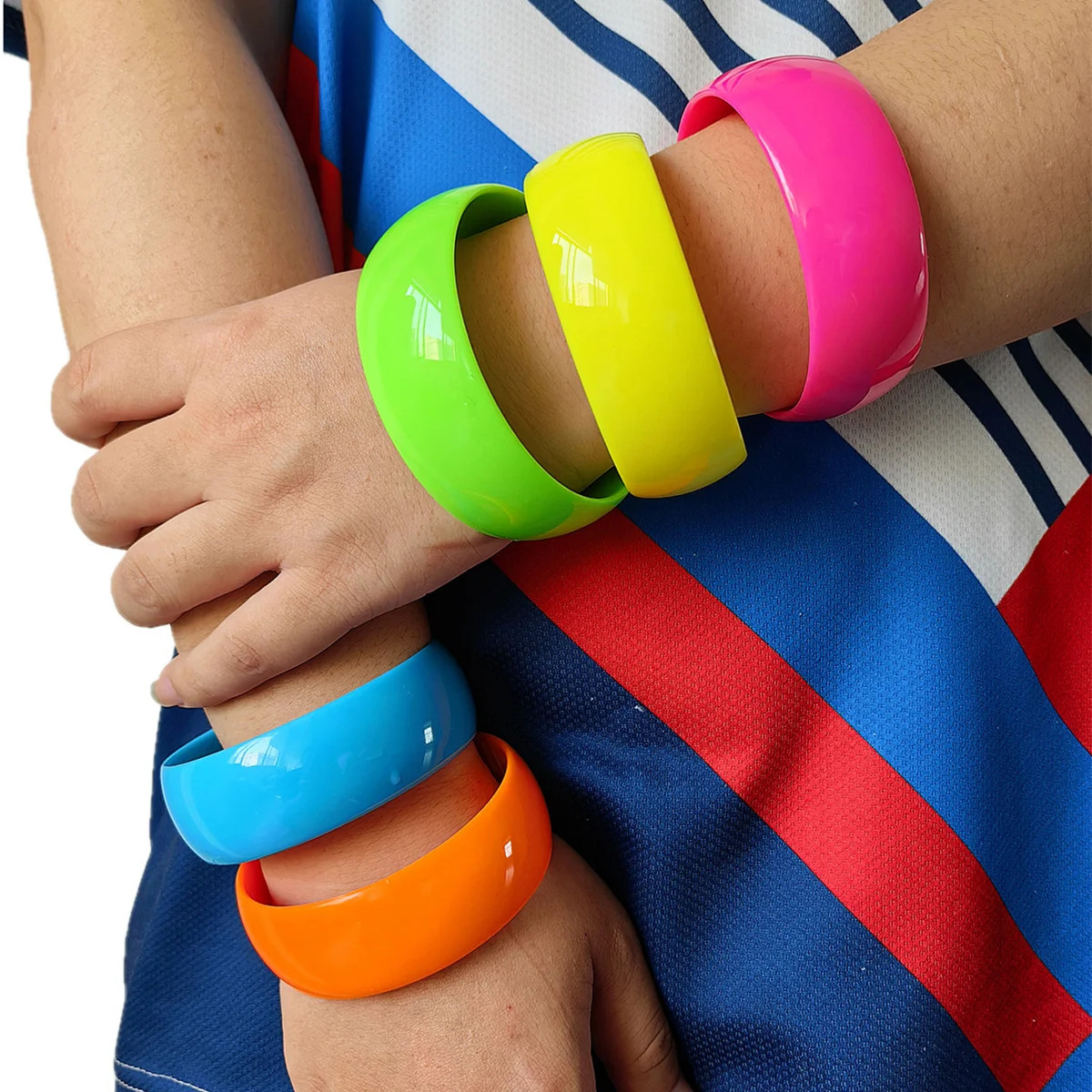 Acrylic Resin Chunky Bangle Women Fluorescent Color Round Wide Strand Jewelry