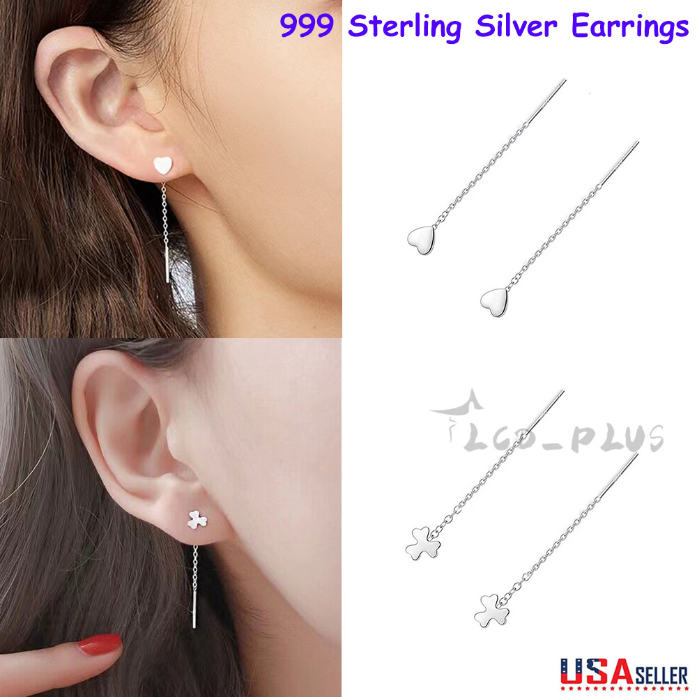 Elegant 999 Sterling Silver Earrings Love Heart Clover Chain Woman Jewelry US