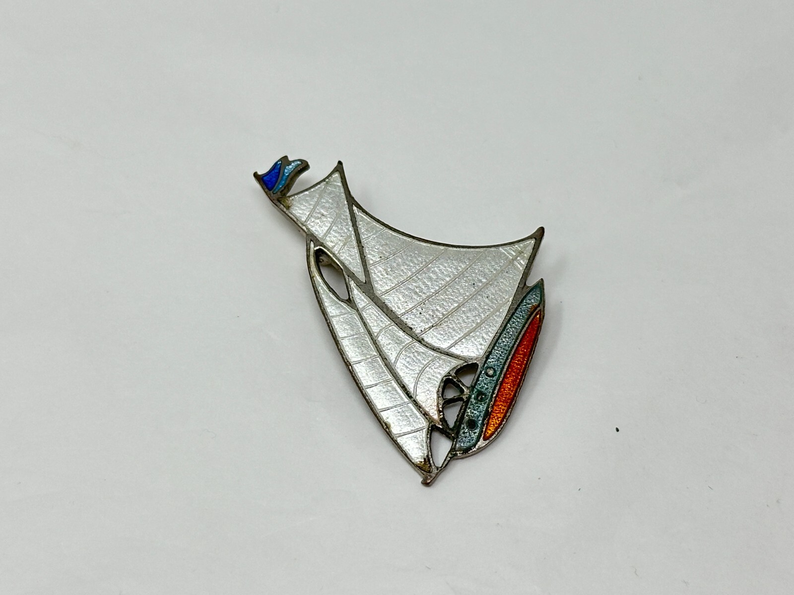 Vintage Silvertone White Orange Blue Enamel Sailboat Boat Pin
