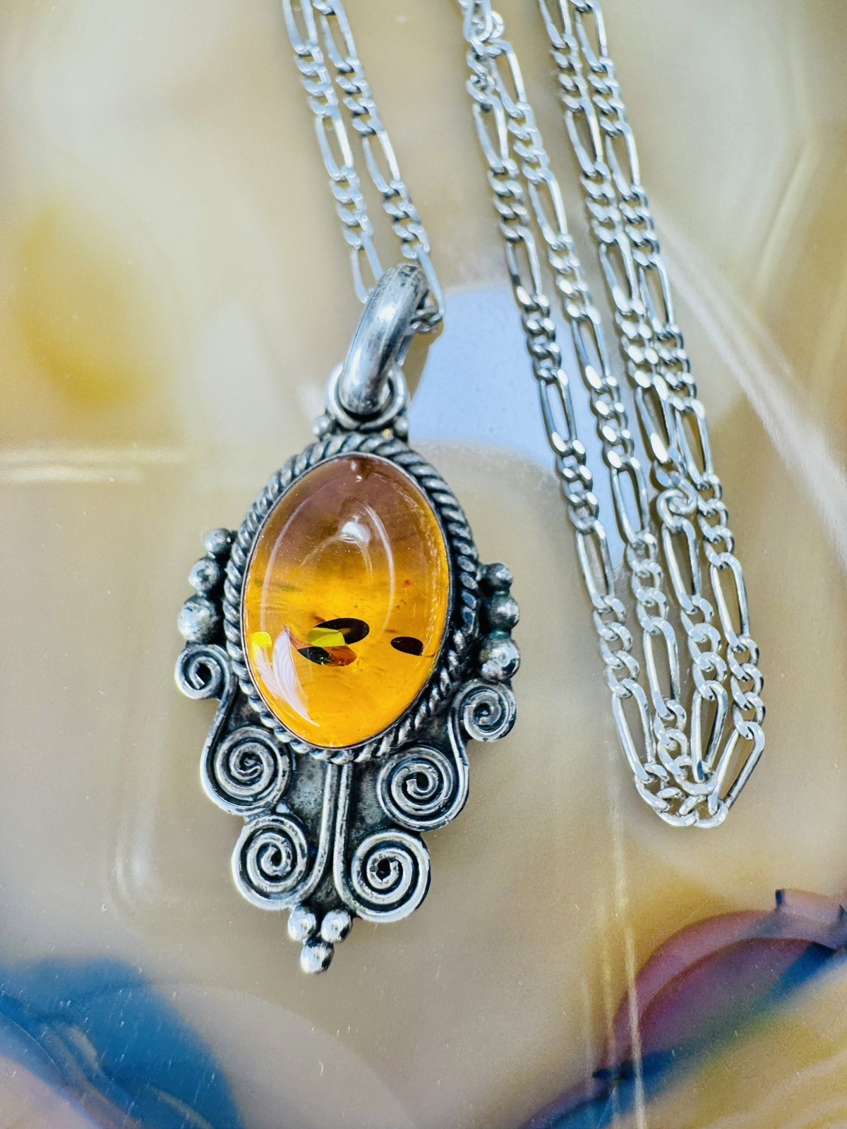Sterling Silver Honey Baltic Amber W/Inclusions Cabochon Oval Pendant & Necklace