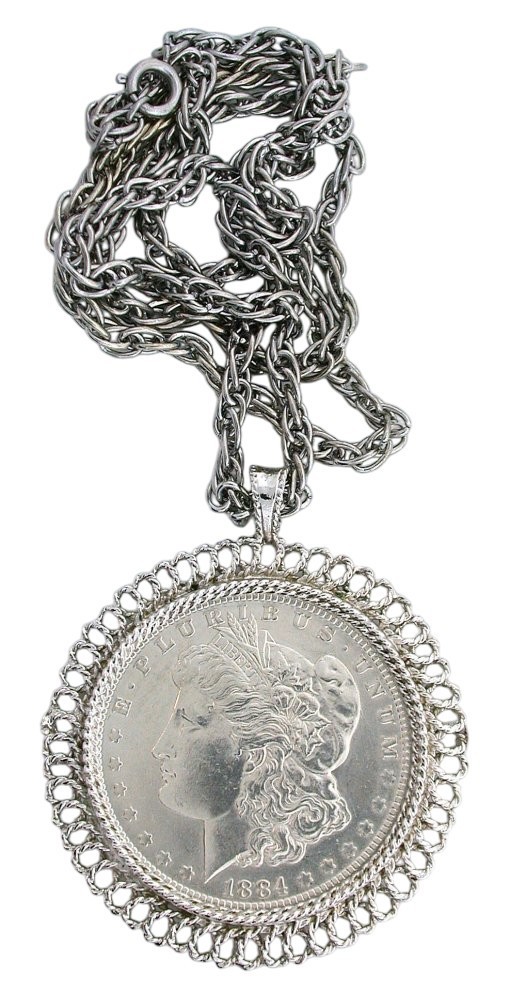 1884 MORGAN SILVER DOLLAR SILVER COLOR PENDANT 24 INCH LINK CHAIN EPPC257/82325