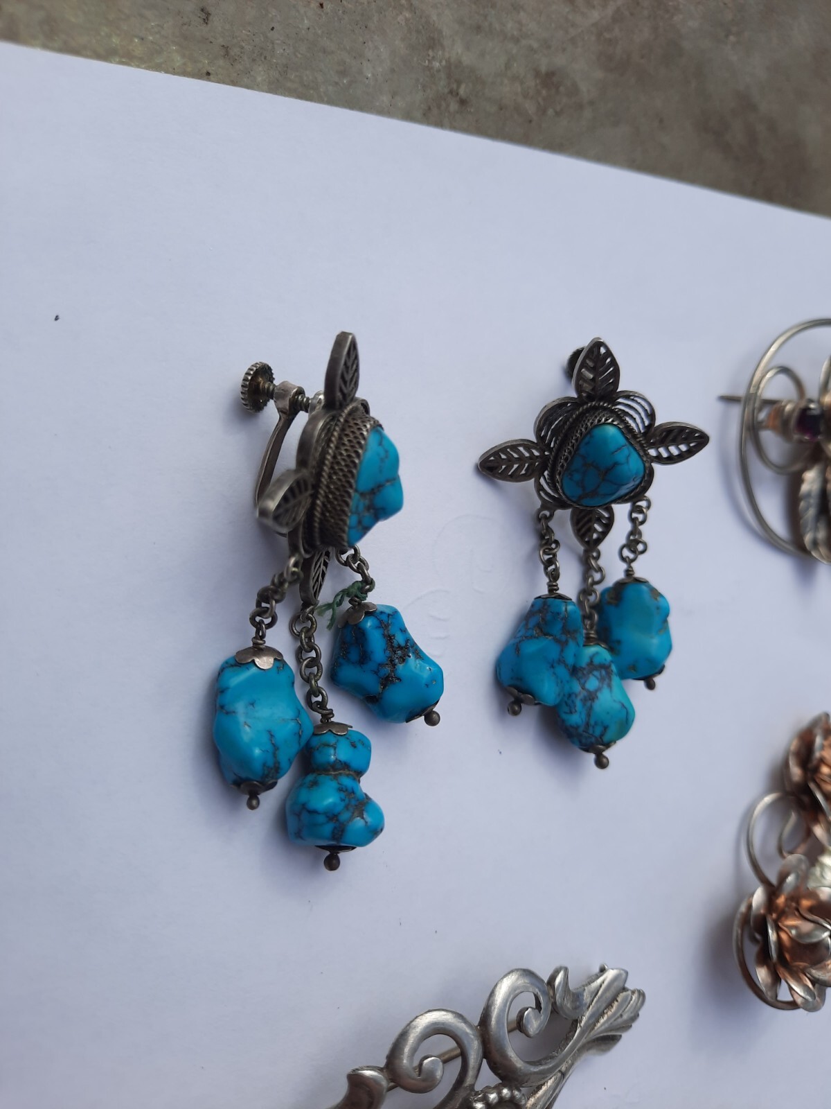 Antique Vintage Chinese Export Turquoise 800 Silver Filigree Earrings Chandelier