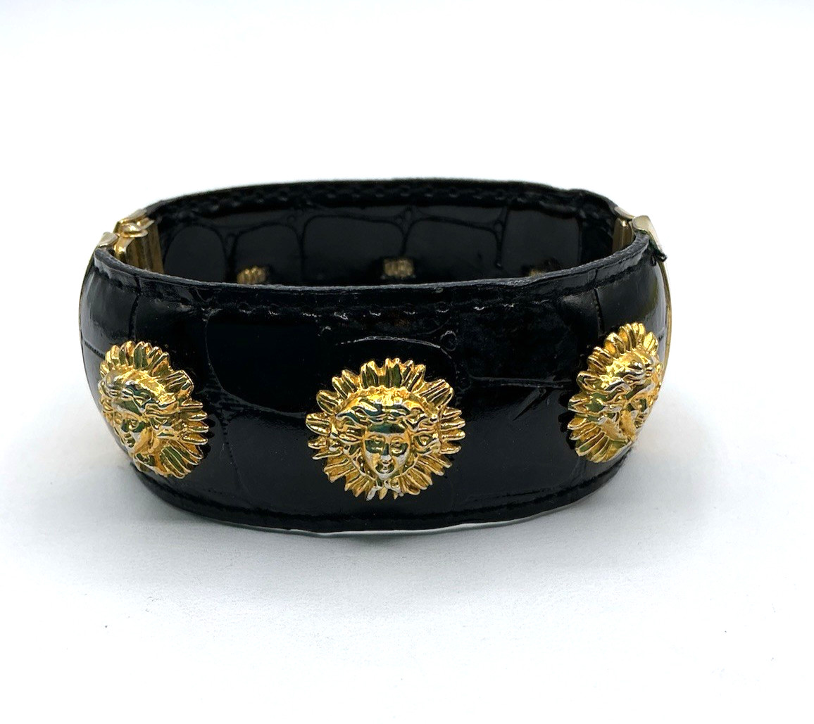 Vintage Black Patent Leather Gold Tone Medusa Accents Hinged Clamper Bracelet