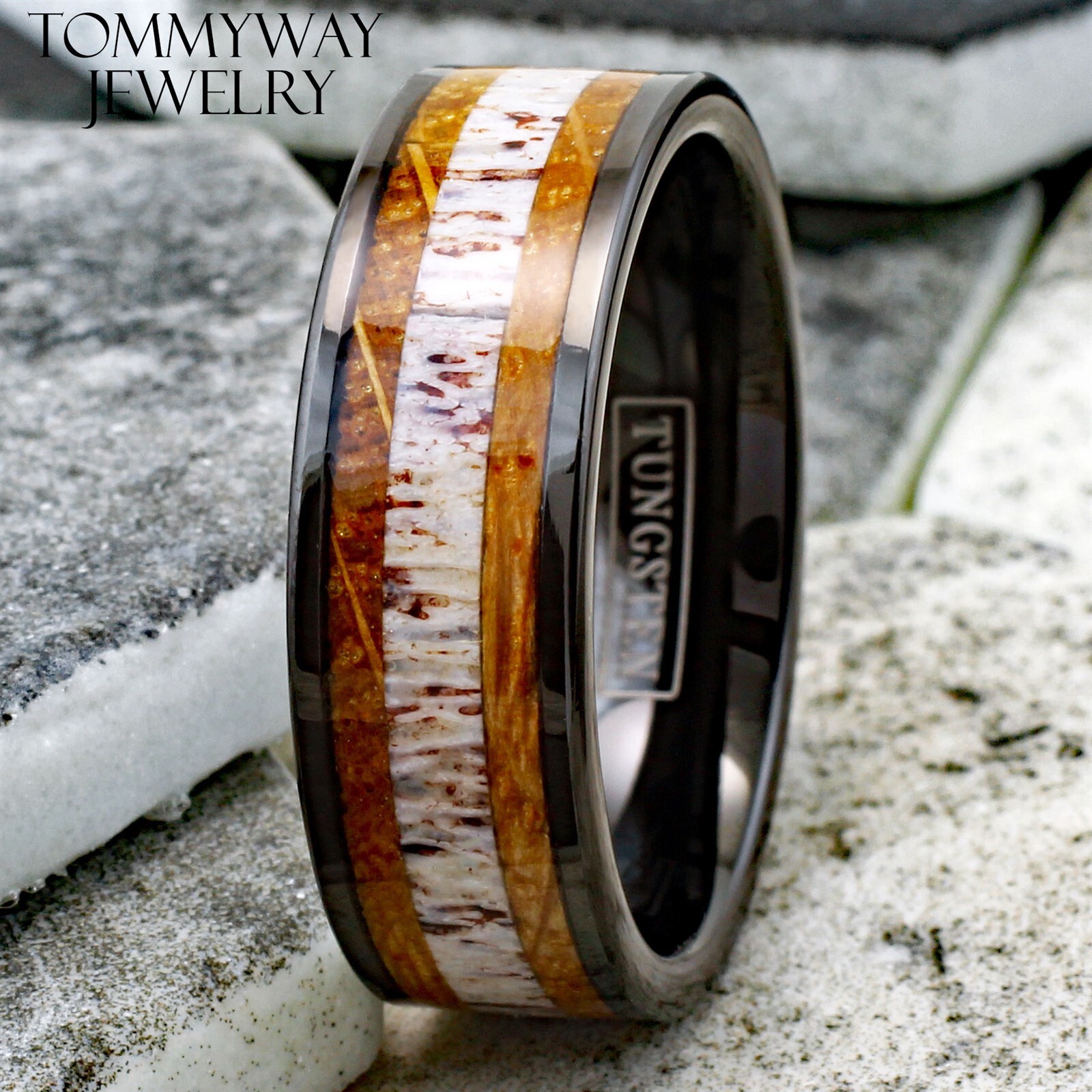 8mm Tungsten Men’s Deer Antler & Whiskey Barrel Wood Wedding Band Ring Jewelry
