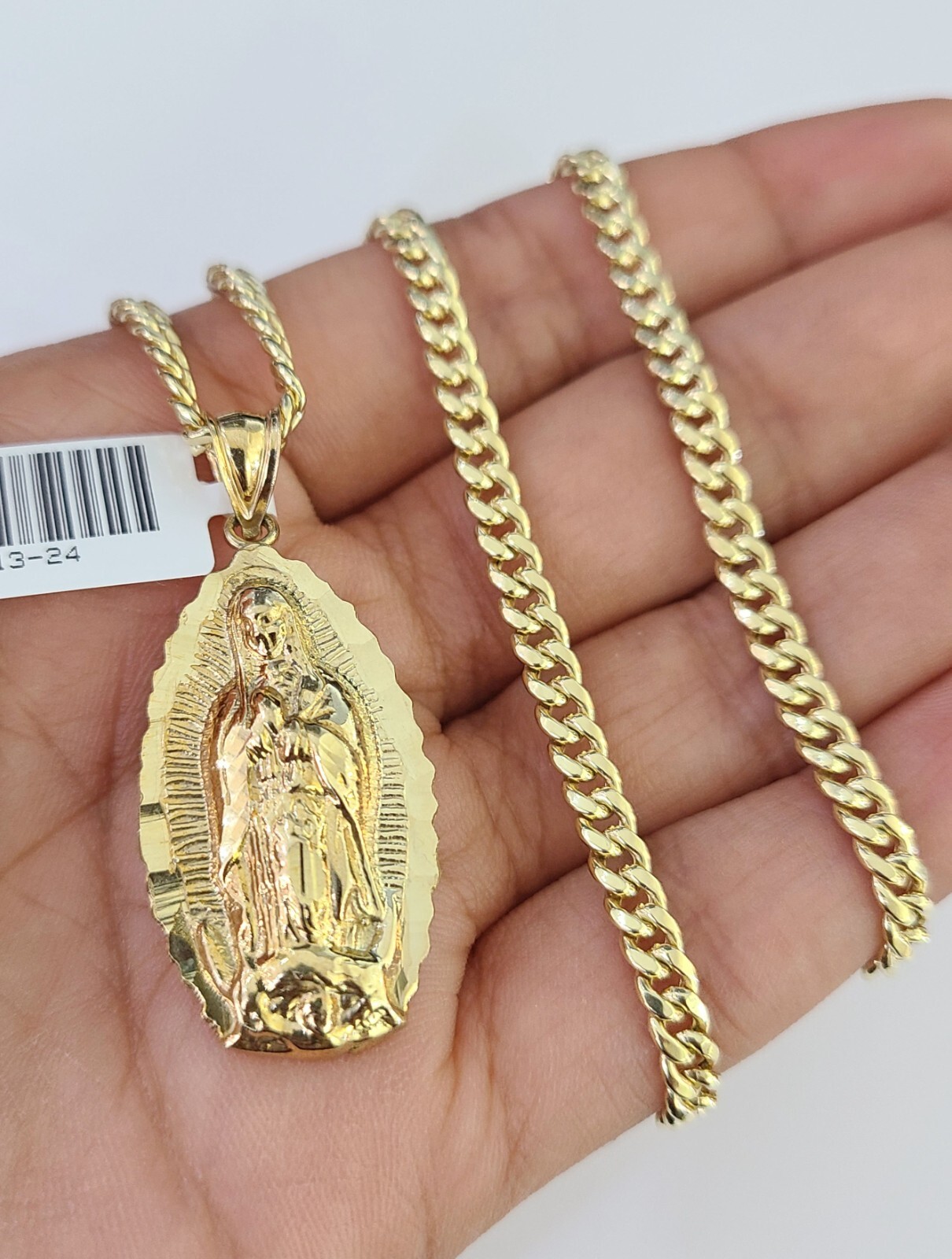 10k Miami Cuban Chain Virgin Mary Charm Set 4mm 18″-28″ Necklace Yellow Gold