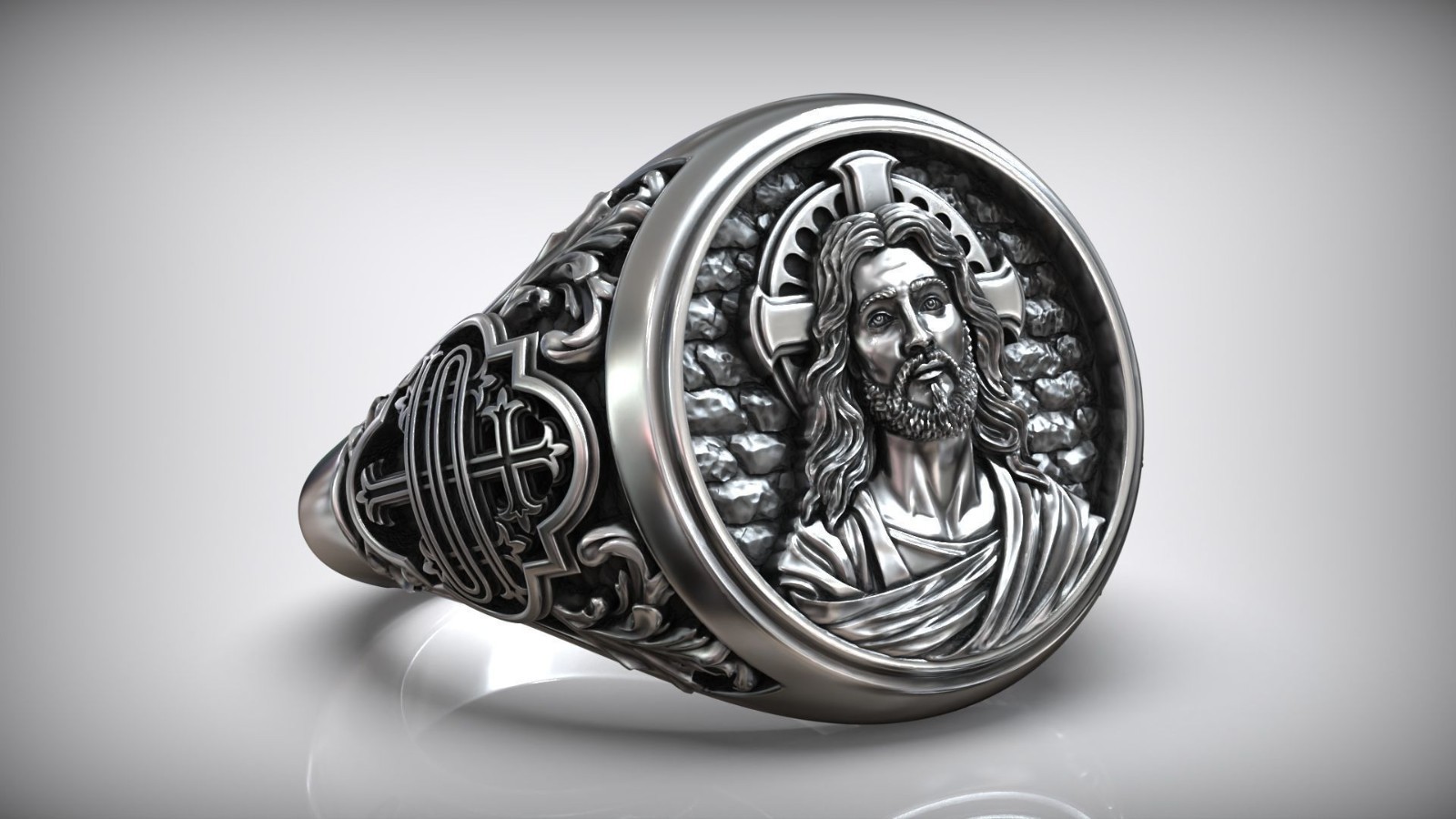 Oxidized Men’s Jesus Christ Christogram Symbol Sacred Christian 925 Silver Rings