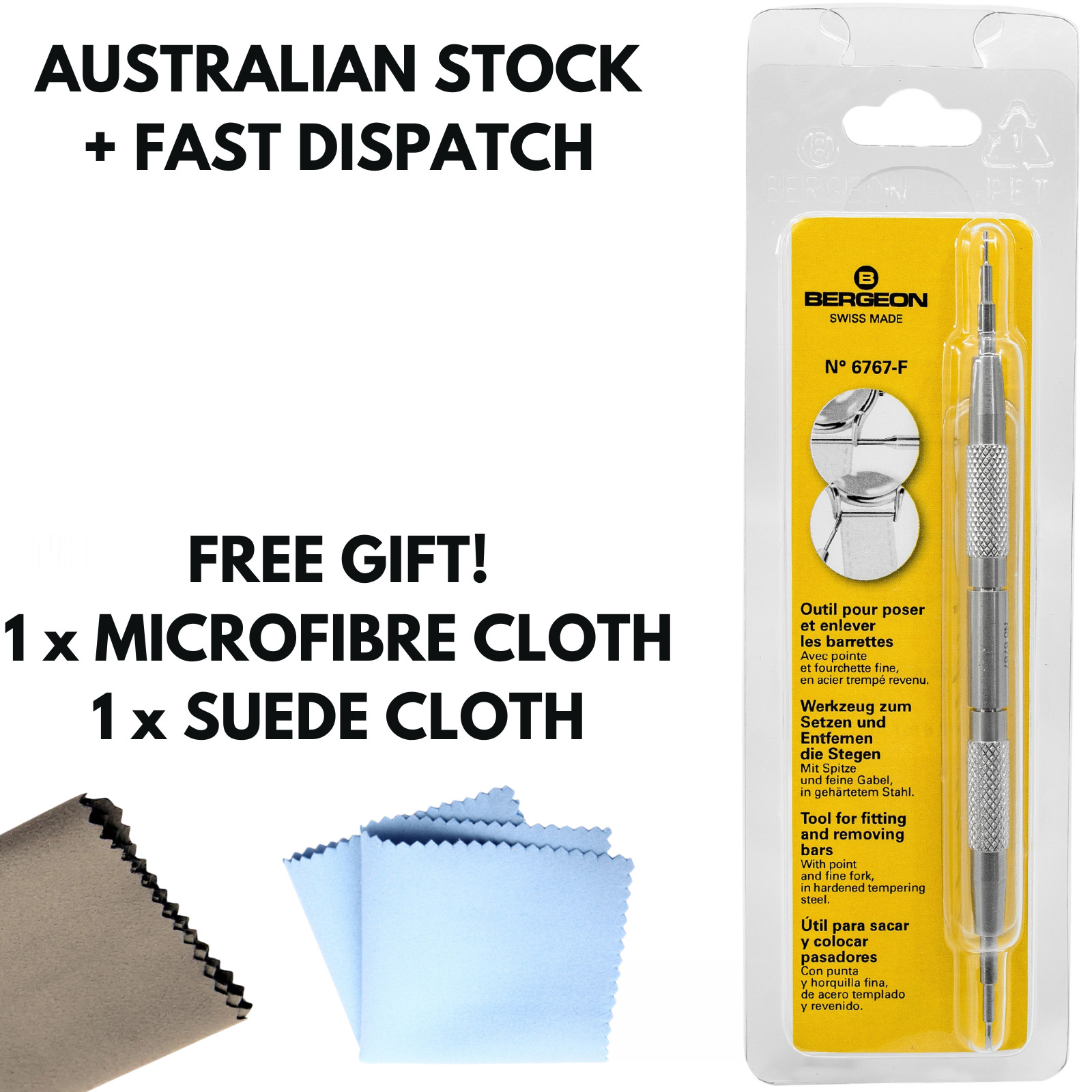 Bergeon 6767-F Springbar Swiss Spring Bar Watch Band Tool FREE MICROFIBRE CLOTH!