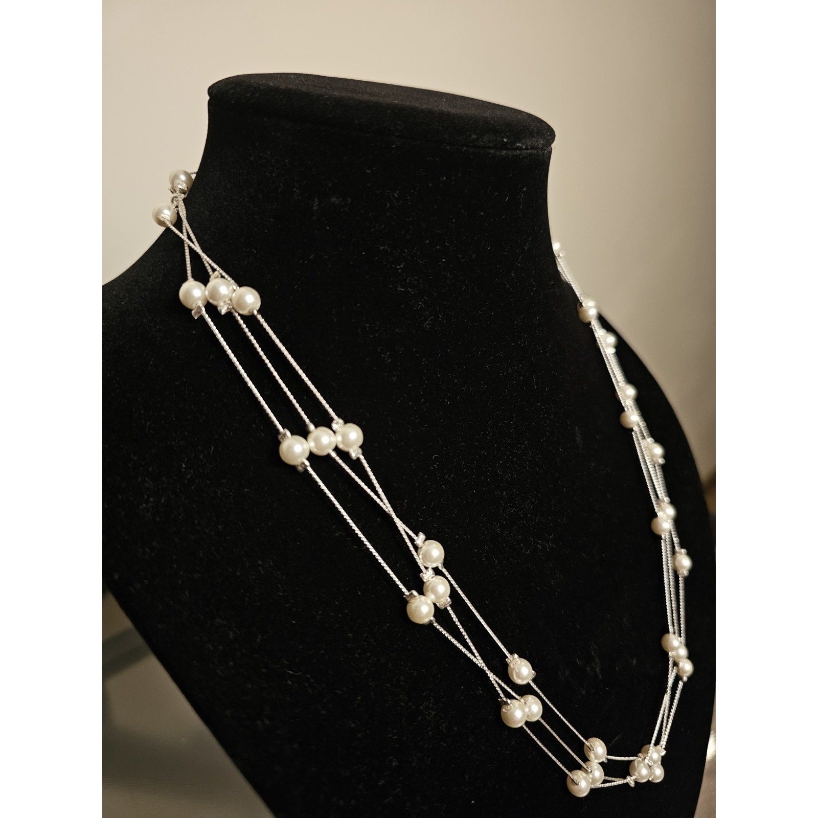 Extra Long Pearl Strand on Silver Tone Chain