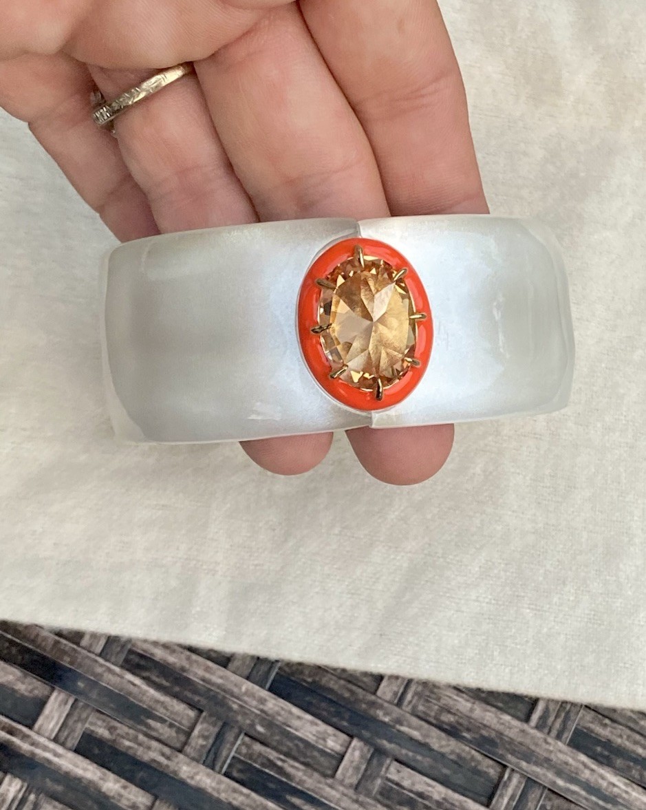 100% Authentic Alexis Bittar Wide Polished Silver Lucite, Stone enamel Bracelet