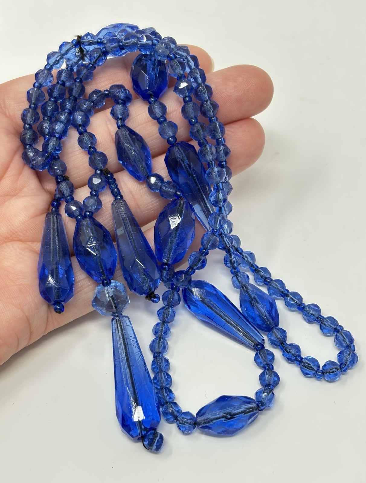 Antique Art Deco Blue Glass Bead Necklace Sautoir Flapper Teardrop 30″