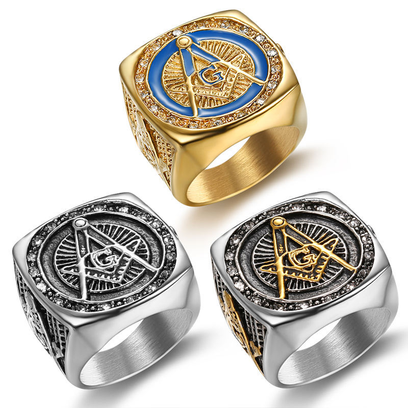 Masonic Ring Freemason Men’s Stainless Steel Crystal Gold Mason G Pillar Cross