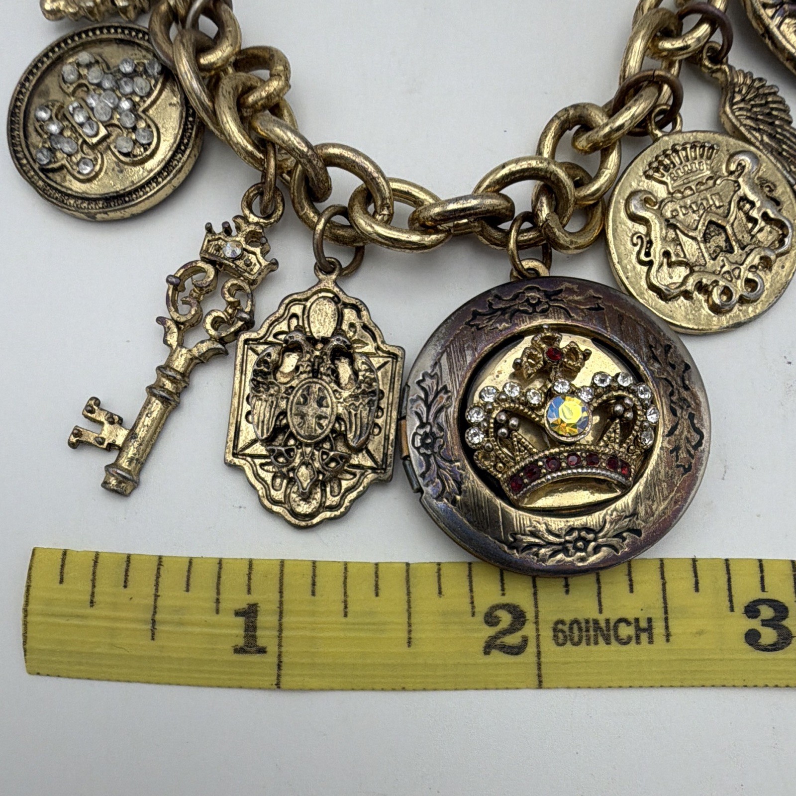 Gold Tone Cable Chain Crown Medallion Crystal Charm Necklace 20-22 inches