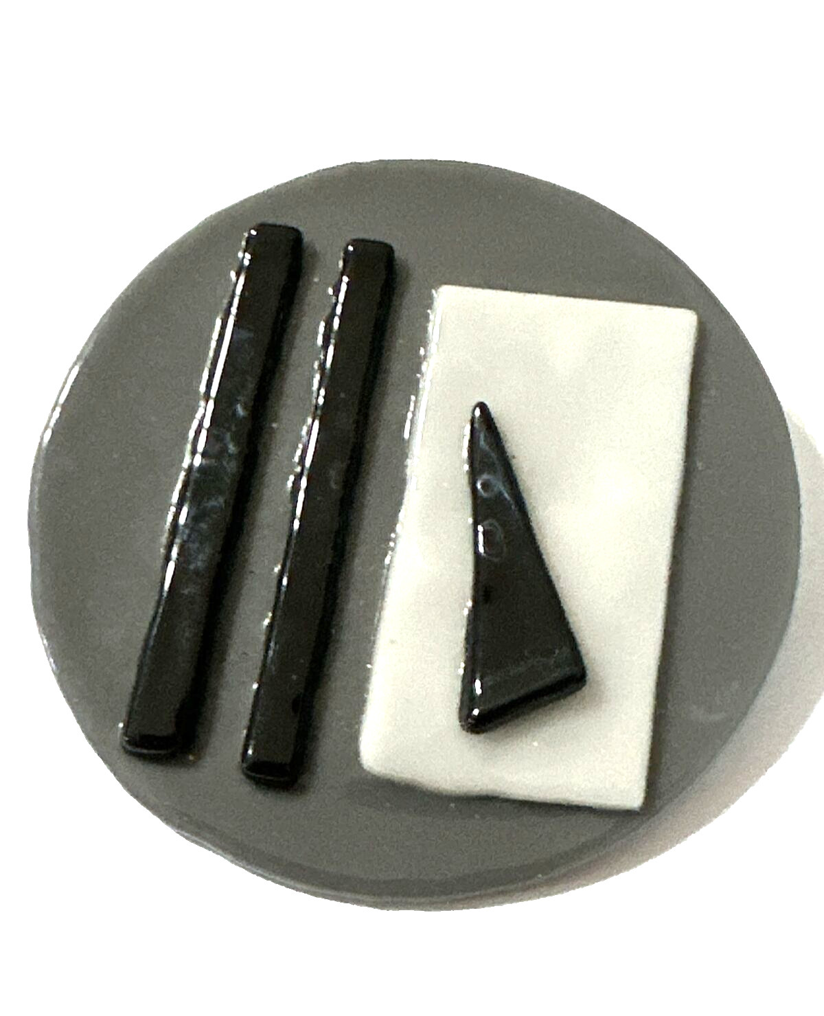 Vintage MCM Modernist Brooch Artisan Abstract Glass Pin Gray White Black 1.75″
