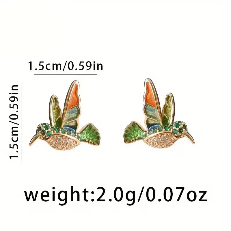 Pair Vintage Alloy Earrings Colorful Enamel Hummingbird