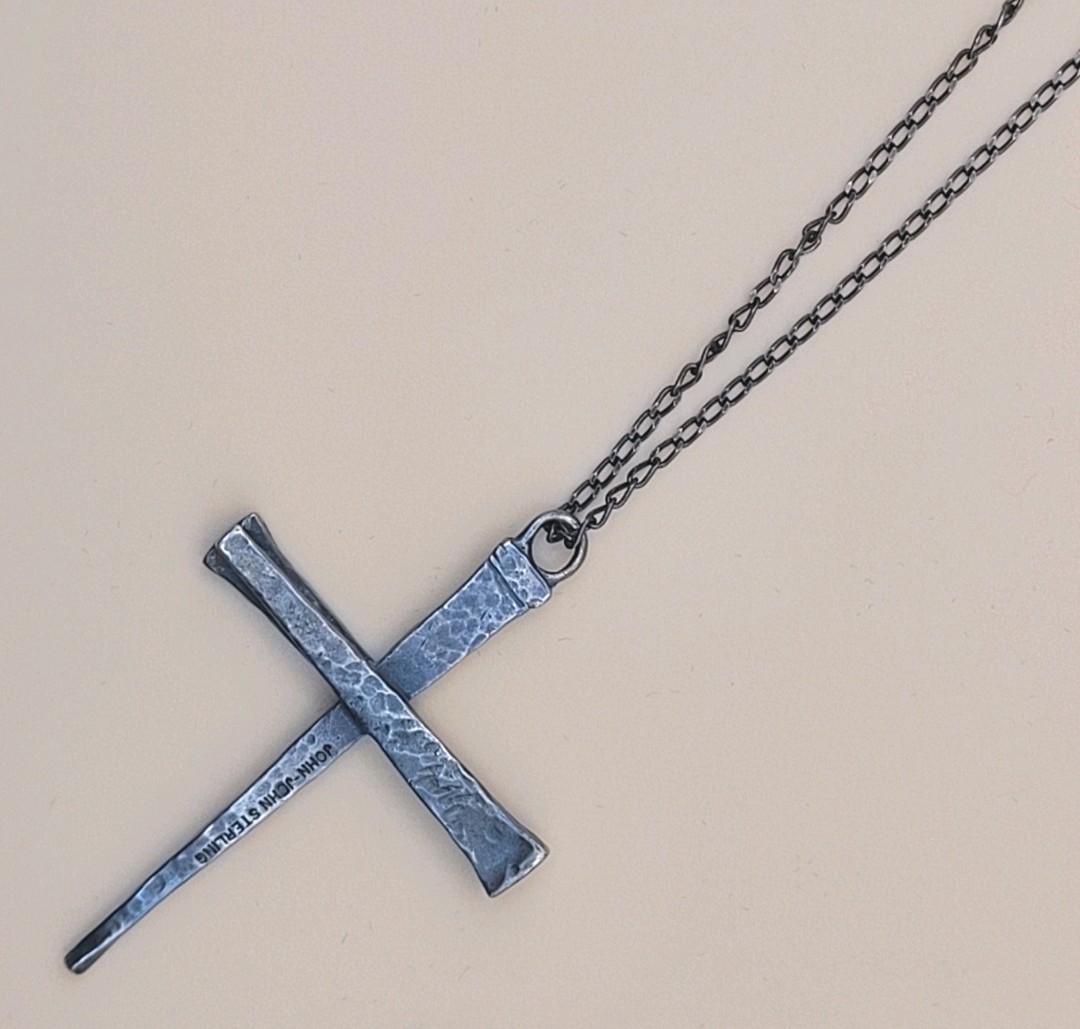 Sterling 925 Brutalist John-John Forged Nails Cross Necklace AGI 925 18″ Chain