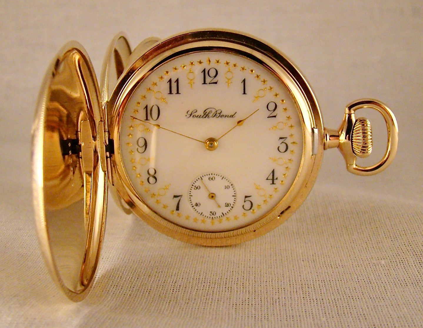 SOUTH BEND “212” 17j 14k GOLD FILLED HUNTER CASE 16s FANCY DIAL POCKET WATCH