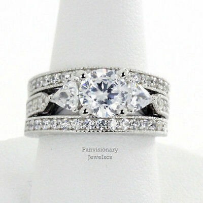 6.5MM Three Ring Set 3 Stone Round Trillion CZ Sterling Silver Engagemnt Sz 5-10