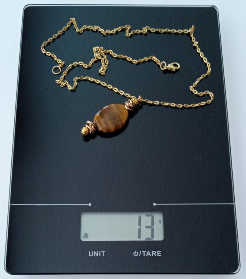Handmade USA 24-inch Gold Color Chain Necklace Tiger Eye Oval Gemstone Bead