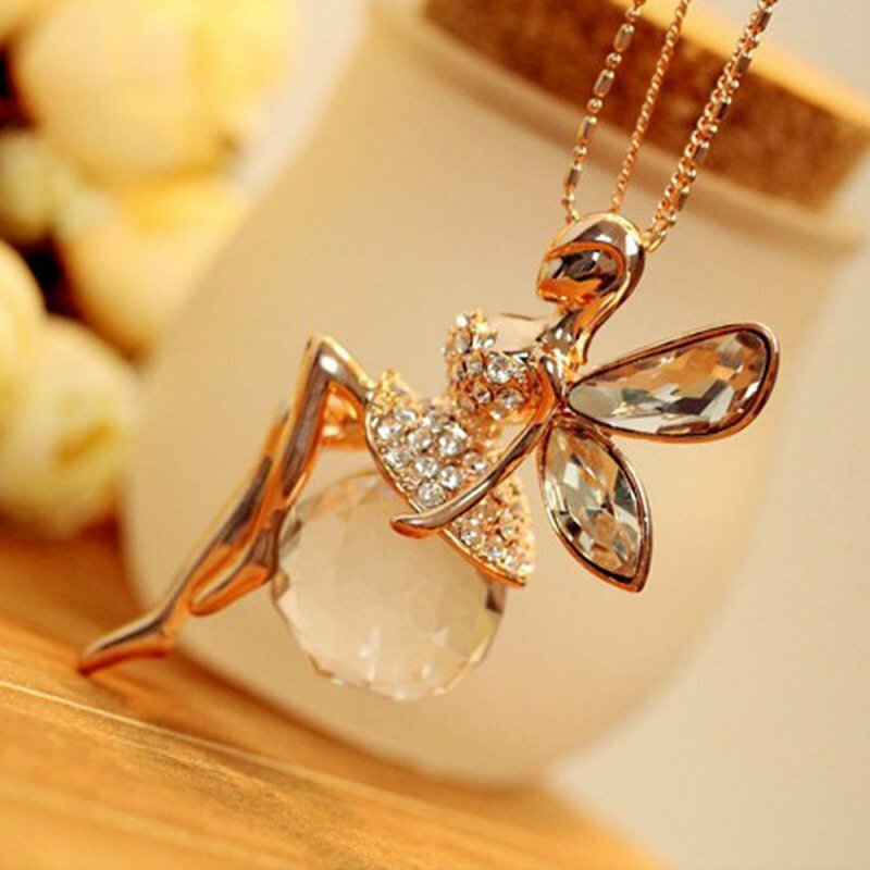 Fashion Women Crystal Fairy Angel Wing Pendant Long Chain Sweater Necklace Gift