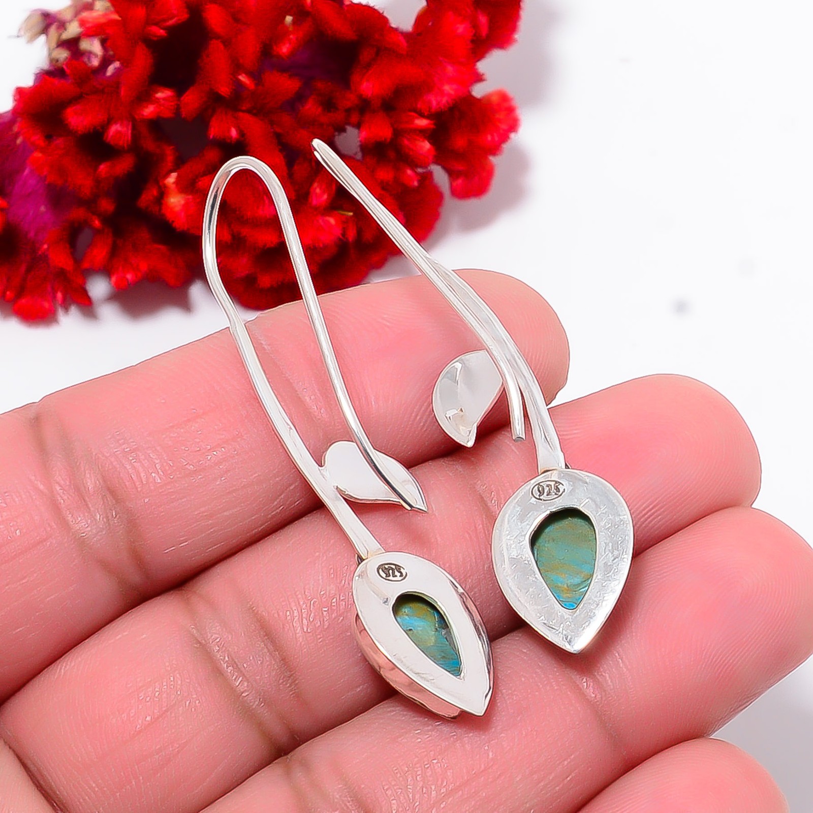 Copper Blue Turquoise Designer Handmade 925 Sterling Silver Earring 2.07″ E11118