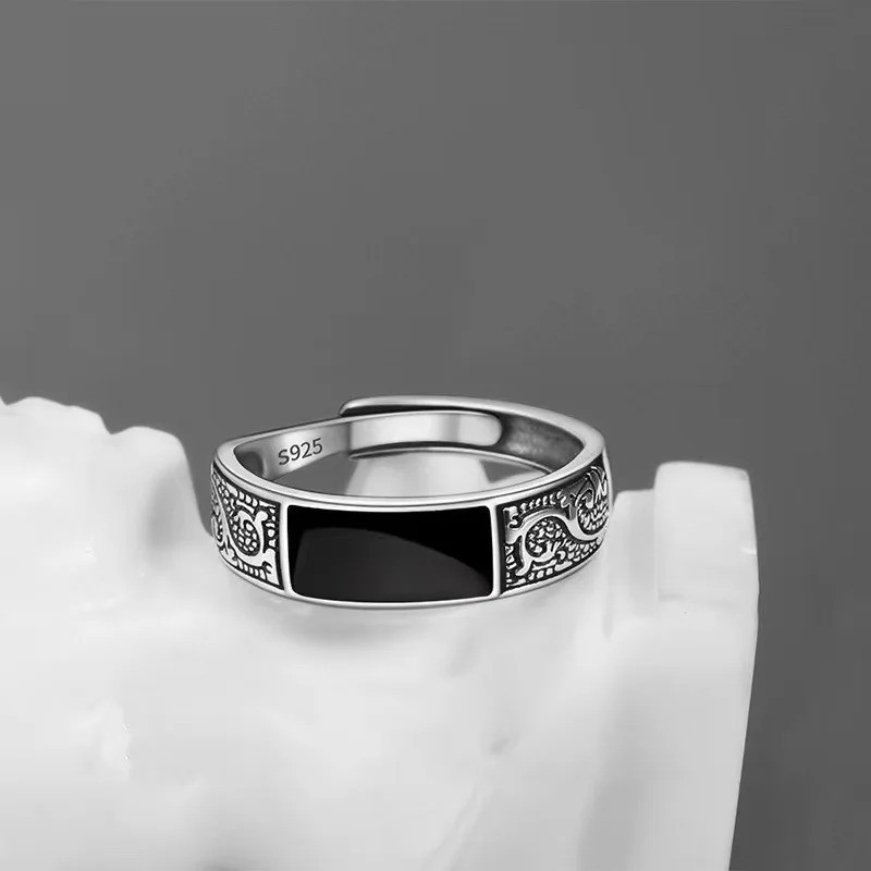 925 Sterling Silver Men’s Black Gem Ring Luxury Wedding Band Fine Jewelry Gift