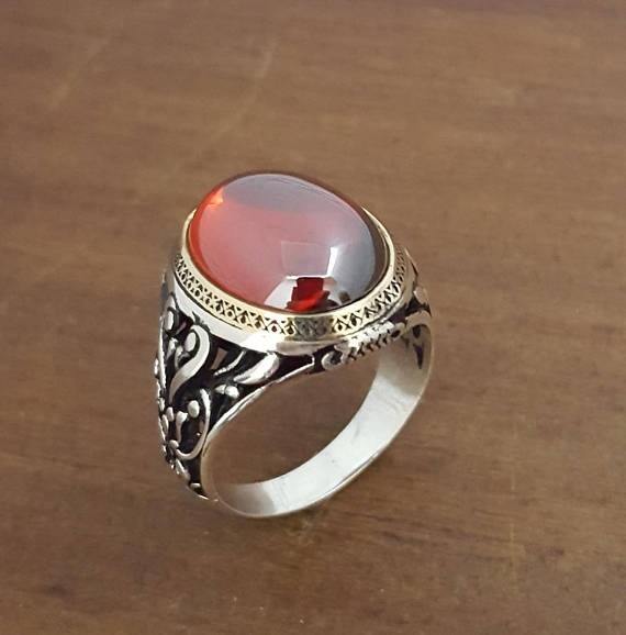 Solid 925 Sterling Silver Natural Red Garnet Gemstone Signet Men’s Unisex Ring