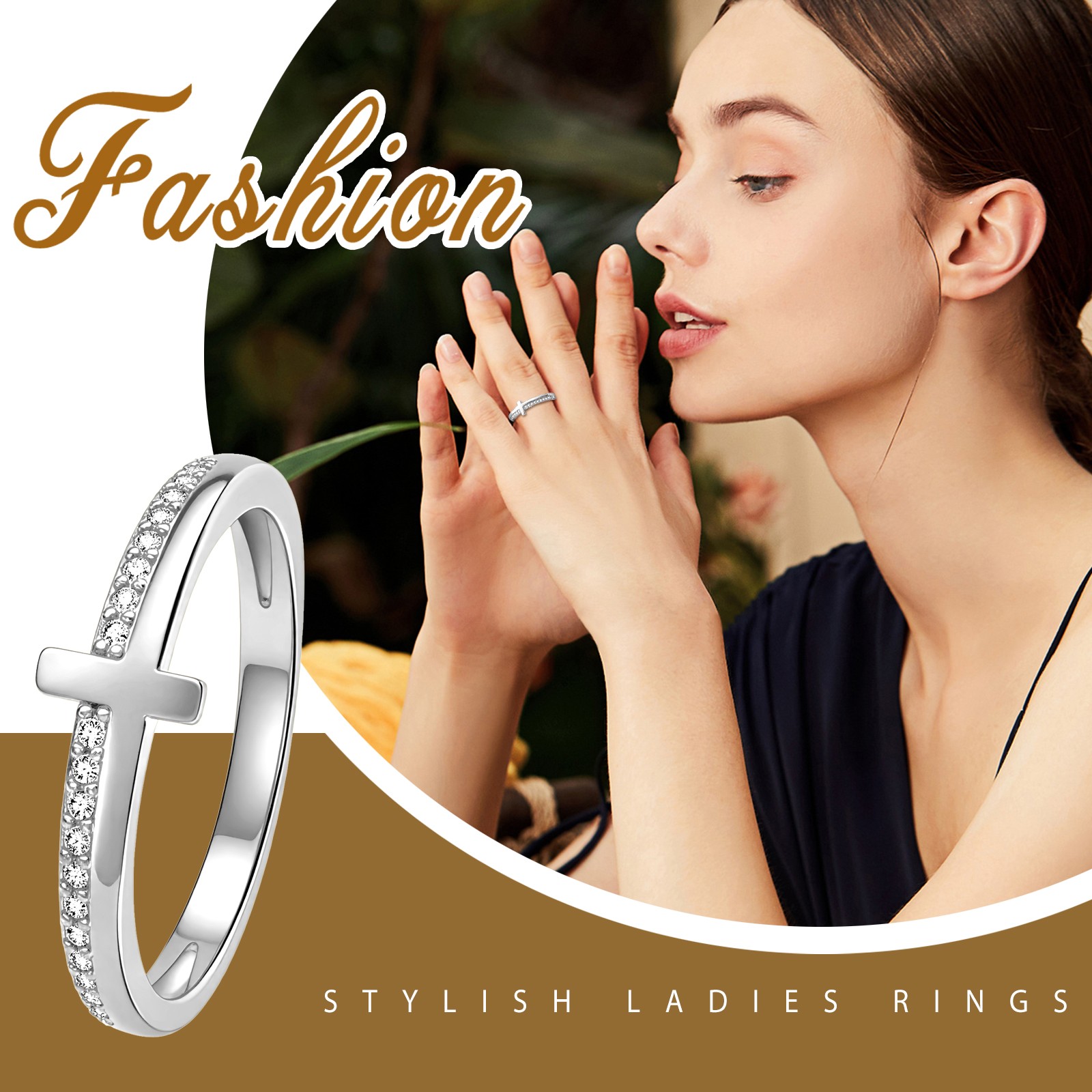 Women’s Casual Rhinestone Cross Brass Ring – Anniversary Birthday Gift for Wife