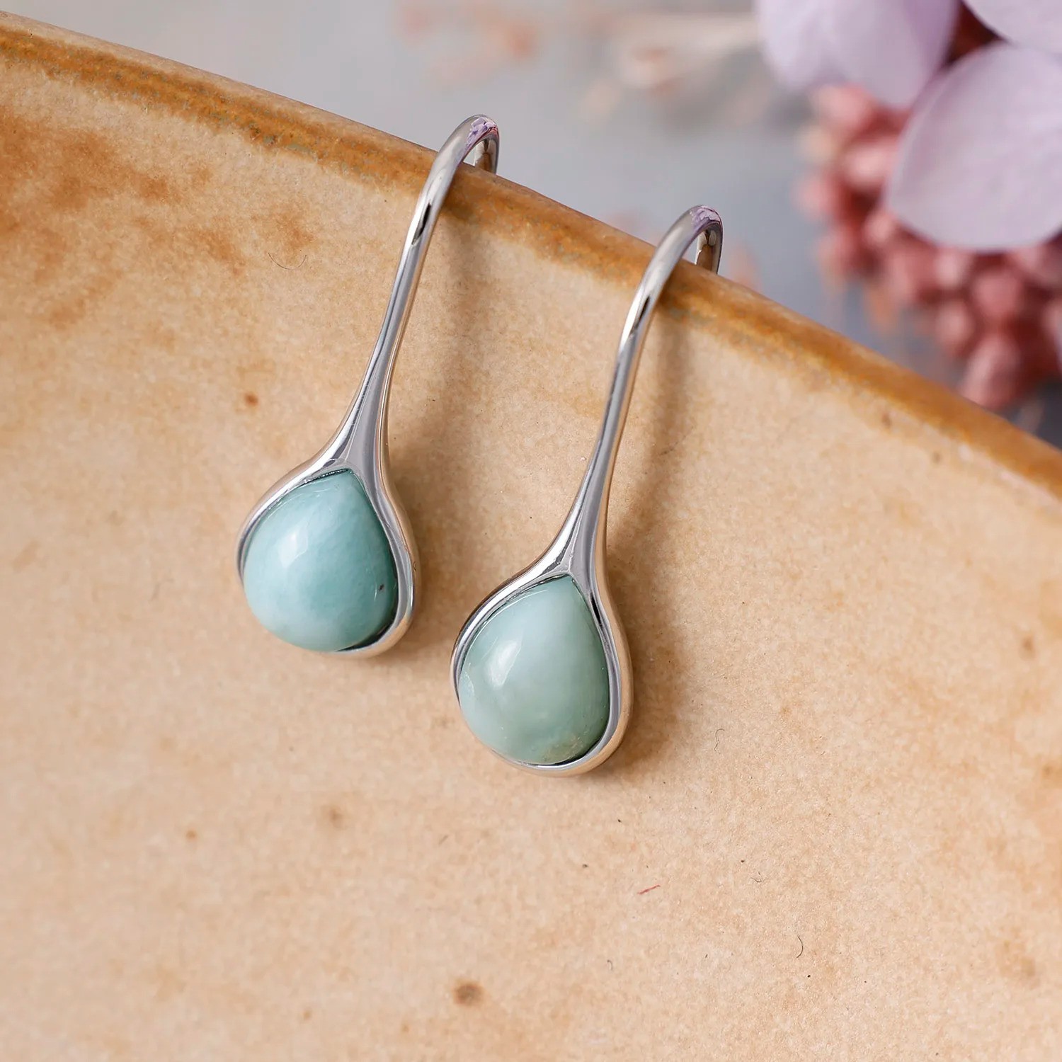 Pear Natural Larimar Gemstone Tear Drop Dangle Earrings 925 Sterling Silver